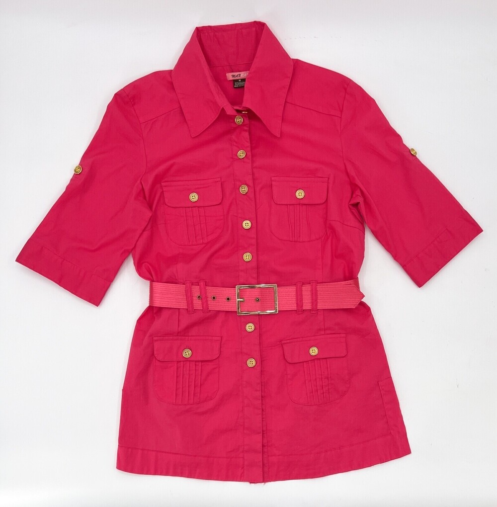 Max Rave Shirt Womens Medium Pink Belted Button-Up 3/4 Sleeve Casual *